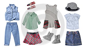 Child`s clothes isolated on white.Kid`s clothing collage.Girl`s wear.Fashion apparel