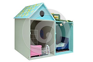 A Child`s doll house with furniture on a white background