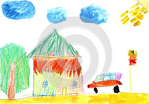Child`s drawing car and country-house
