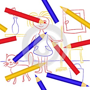 Child`s drawing with crayons. Cute kids doodle depicting a girl and a cat at home. Cartoon girl or woman is cleaning up
