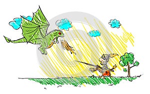 Child`s drawing with a dragon and a knight.