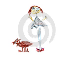 Child`s drawing of a girl and her puppy, Dorothy and The wizard of Oz