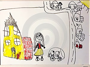 Child`s drawing of a girl by a house in a neighborhood