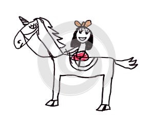 Child`s drawing of a girl riding a horse