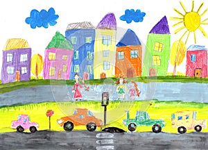 Child`s drawing happy family, building, car