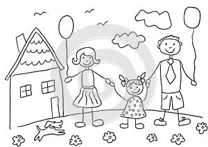 Child's drawing happy family with dog. Father, mother, daughter and their house.