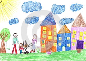 Child`s drawing happy family with a stroller walk outdoors toget