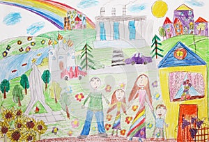 Child's drawing happy family with two children for a walk