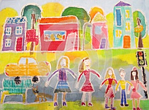 Child`s drawing of the happy family on a walk and cars.