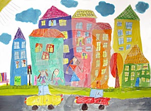 Child`s drawing of the happy family on a walk and cars.