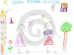 Child`s drawing of a happy girls outdoors