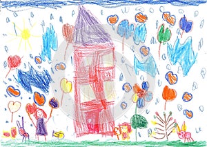 Child`s drawing of the happy kid and pets Walking