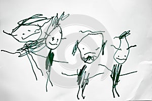 Child`s drawing of his family with a felt-tip pen