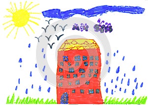 Child`s drawing red house in the rain