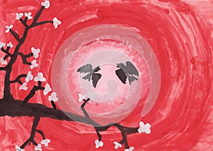 Child s drawing.Sakura.A branch of cherry blossoms with birds at sunset. photo