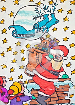 Child\'s drawing of Santa Claus holding guft bag with children photo