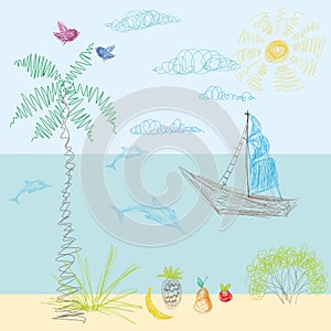 A child's drawing in vector. Sun, sea, beach, sailing away, vaca