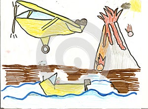 Child's Drawing of a Volcano with plane, boat and car