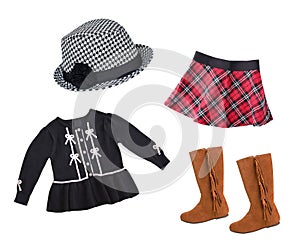 Child`s fashion clothes isolated.Baby clothing set.