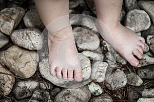 Child's foot learns to walk on pebbles, reflexology massage