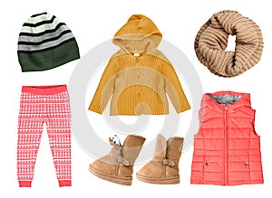 Child`s girl fashion autumn knitted clothes collage.