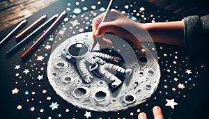 Child\'s hand draws drawing of an astronaut in a spacesuit on the surface of the Moon, stars in space