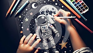 Child\'s hand draws drawing of an astronaut in a spacesuit on the surface of the Moon, stars in space