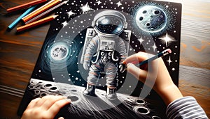 Child\'s hand draws drawing of an astronaut in a spacesuit on the surface of the Moon, stars in space