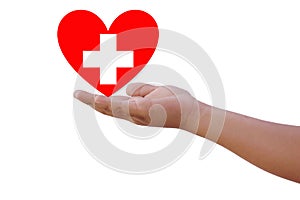Child`s hand holding Love medical or Love first aid sign