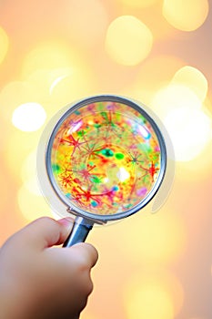 Child\'s Hand Holding Magnifying Glass Over Colored Viruses