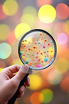 Child\'s Hand Holding Magnifying Glass Over Colored Viruses