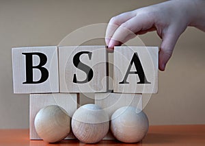 A child's hand places a large cube next to other cubes. BSA acronym concept