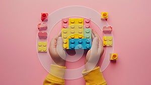 A child\'s hand playing with Lego. There are Legos scattered on the table with a pink background