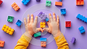 A child\'s hand playing with Lego. There are Legos scattered on the table with a purple background