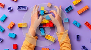 A child\'s hand playing with Lego. There are Legos scattered on the table with a purple background