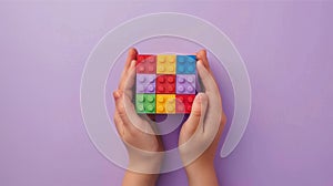 A child\'s hand playing with Lego. There are Legos scattered on the table with a purple background