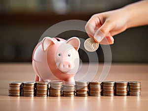 Child\'s Hand Putting Coins into Piggy Bank - Teaching Savings and Finance, photo