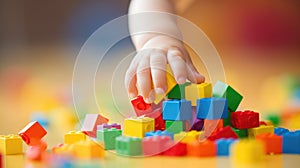 A child& x27;s hand reaching for a colorful block of plastic, AI