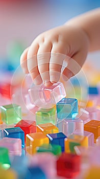 A child& x27;s hand reaching for a colorful plastic toy, AI