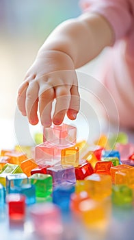 A child& x27;s hand reaching for a piece of plastic toy, AI