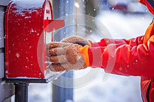 A child's hand in a red glove holds a red mailbox on a snowy winter day. Selective focus