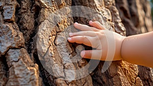 A child's hand touching the texture of a cut tree trunk in nature. Sustainability concept