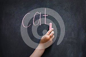 a child's hand writes the word cat in chalk on a black board