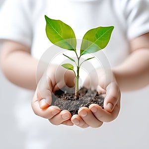 The child's hands carefully hold a tree seedling. The concept of an eco-friendly future for our environment