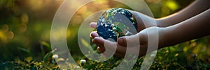 Child& x27;s hands holding earth globe over green plants background