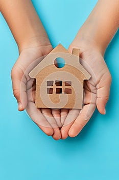 Child s hands holding handmade paper house on pastel background with space for text