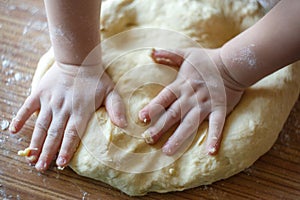 Child`s hands knead yeast dough closeup