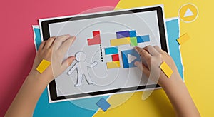 Child's Hands Learning Block Coding and Game Development