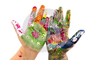 Child's hands painted watercolor on white background.