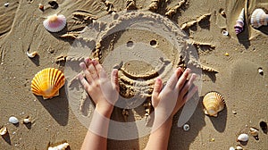 Child's Hands with Sand Art and Shells